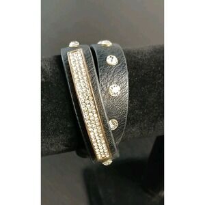 Black Leather Double Wrap Bracelet Rhinestone Studded‎ Gold Tone Snap #1502